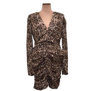 NEW NICHOLAS Gathered Party Dress Size US 2 Tan Leopard Ruched Long Sleeve